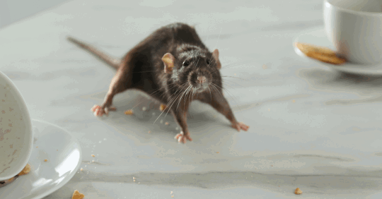 Mouse on top of a breakfast table.